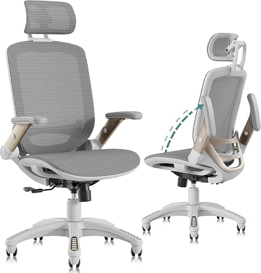 GABRYLLY Ergonomic Office Chair, High Back Home Desk Chair with Headrest, Flip-Up Arms, 90-120° Tilt Lock and Wide Cushion, Big and Tall Mesh Chairs for Man Woman, White Task Chair-DeskLoop Office