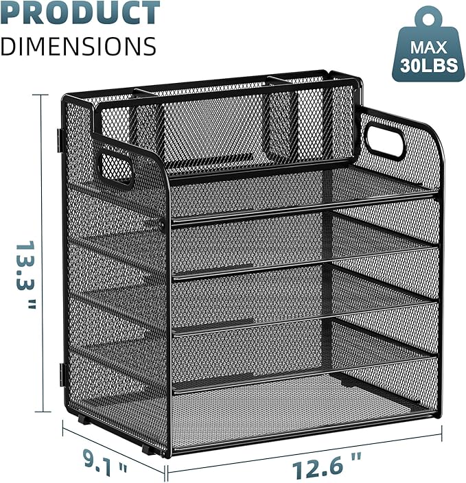 Marbrasse 5 Tier Paper Organizer with 3 Pen Holders, Mesh Desk File Organizer with Handle, Paper Sorter Desk Organizer for Home Office Supplies(Black)-DeskLoop Office