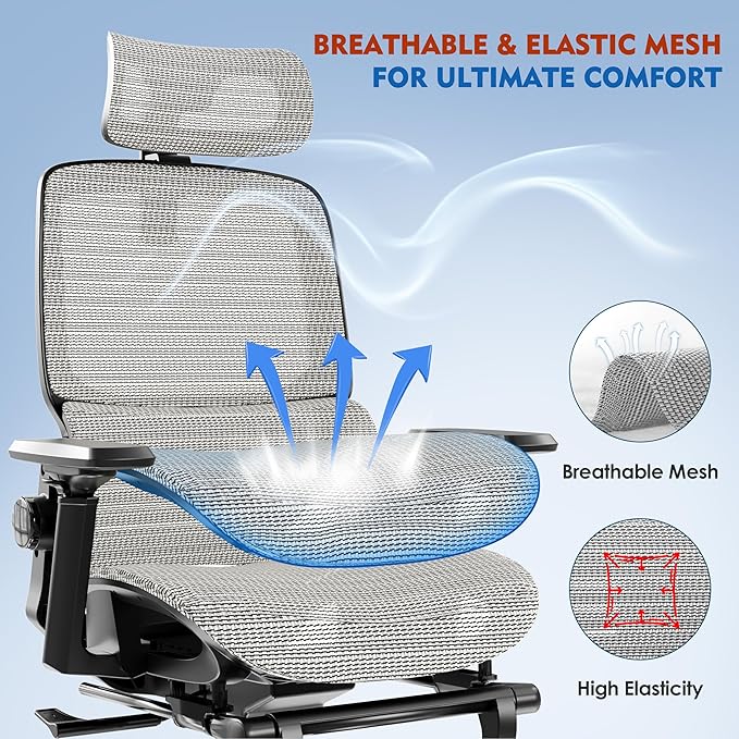 Ergonomic Office Chair, High Back Desk Chairs with Retractable Footrest, Breathable Mesh, Adjustable Headrest, 3D Armrests, Lumbar Support, Tilt Function, Comfy Swivel Computer Gaming Chair-DeskLoop Office