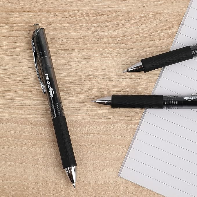 Amazon Basics Gel Pens Fine Point Smooth Writing Pens, Retractable, Black, 0.7mm, 12 Pack-DeskLoop Office