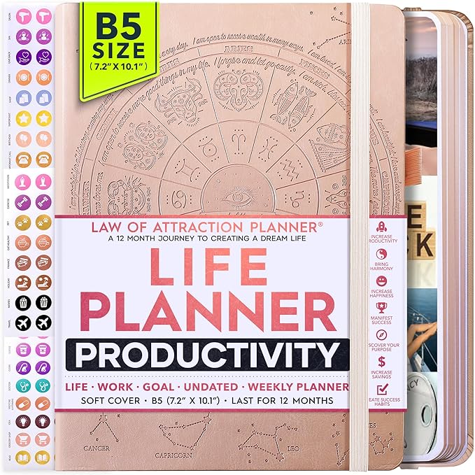 Law of Attraction Planner – Undated Hourly, Weekly & Monthly Goal Setting Planner, 12-Month to Increase Productivity | Life & Gratitude Journal, Include Foldable Vision Board, Gift Box & Stickers-DeskLoop Office
