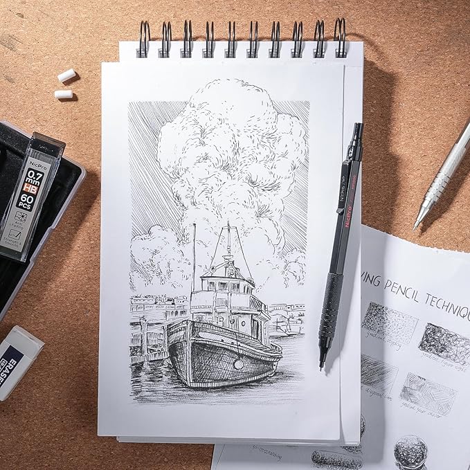 Nicpro 4 Pack Metal Mechanical Pencil Set 0.5 mm & 0.7mm with Case, Artist Pencil MP1000 with 8 Tubes HB & 2B Lead Refill, 3 Eraser, 9 Eraser Refill For Art Writing Drafting Drawing,Black & Silver-DeskLoop Office