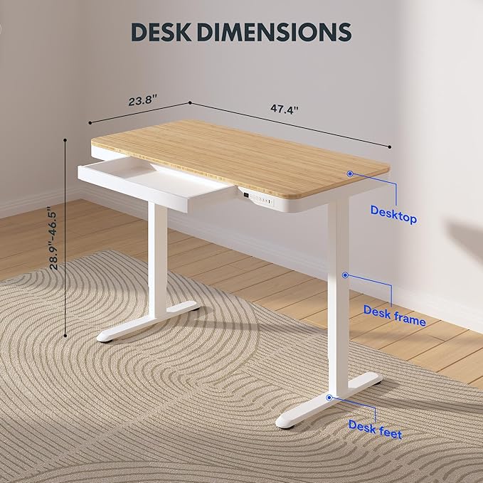 FLEXISPOT Comhar Electric Standing Desk with Drawer Desktop & Adjustable Frame w/USB Charge Ports (Bamboo Texture/White, Wood)-DeskLoop Office