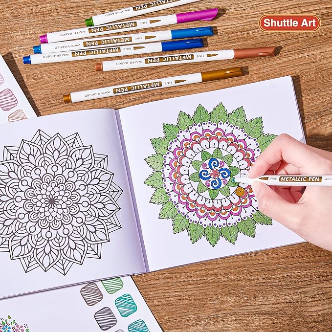 Shuttle Art Metallic Marker Pens, 30 Colors Metallic Paint Markers with 1 Coloring Book Fine Point for DIY Card, Calligraphy, Art and Crafting Projects, Works Great on Black Paper, Scrapbooks, Rock-DeskLoop Office