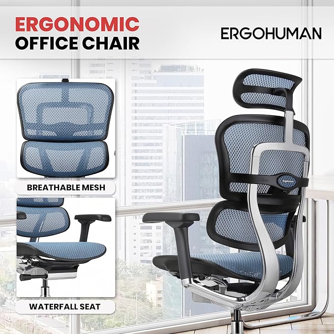 Ergohuman Eurotech ME7ERG GEN2 High Back Mesh Office Chair with Tilt Tension Control, Tilt Lock, Back Angle, Back Height, Synchro Tilt, Seat Height, Seat Depth, and Arm Height Adjustments, Blue-DeskLoop Office