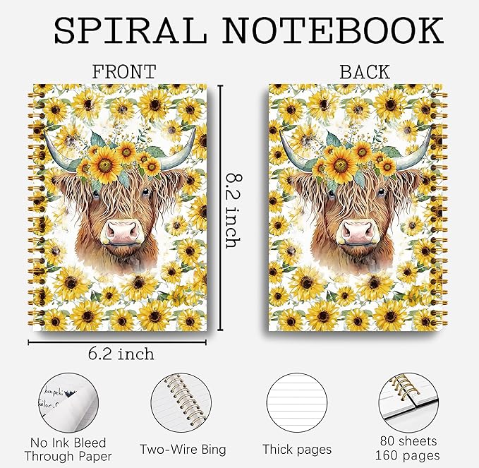 Highland Cow Notebook Journal - Sunflower Notebook, 5.5×8.3 Summer Sunflower Spiral Journal Notebook, Highland Cow Gifts, Cow Gifts for Women, 164 Pages-DeskLoop Office