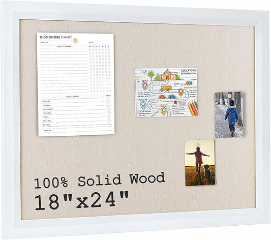 Bulletin Board Cork Board with Linen, 100% Wood Framed 18" x 24" Bulletin Board Decorations, Pin Boards for Walls, Wall Mounted Fabric Picture Board with 10 Pushpins for School, Home & Office, White-DeskLoop Office