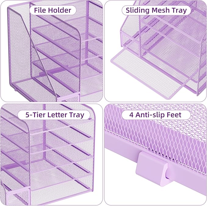 Marbrasse Desk Organizers and Accessories, 5-Tier Paper Letter Tray Organizer with File Holder, Mesh File Organizer, Office Desk Accessories & Organization for Supplies (Purple)-DeskLoop Office