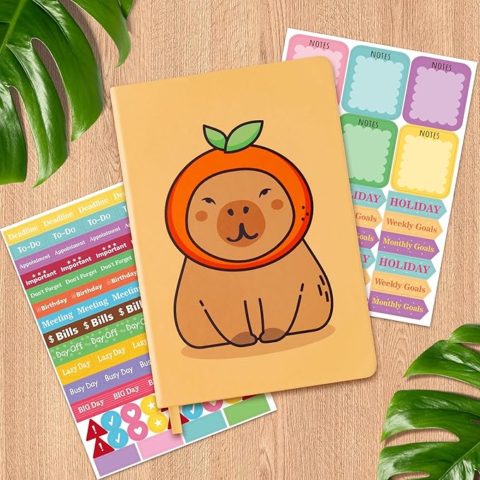 B1ykin Hardcover Ruled Journal Notebook with Planner Stickers, 196 Pages PU Leather Journal Notebook Journals Diary Notepad for Writing Travel Business Work School College Note Taking (Capybara)-DeskLoop Office