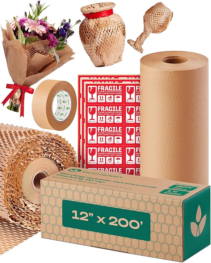 Honeycomb Packing Paper | Extra Thick 90 GSM Packing Wrap | Biodegradable Packing Materials: 12” x 200’ Moving Paper + 195’ Cellulose Adhesive Tape + 30 Fragile Stickers | Paper Bubble Wrap-DeskLoop Office
