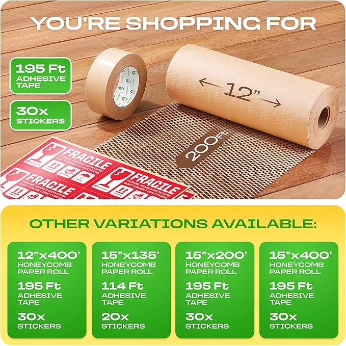 Honeycomb Packing Paper | Extra Thick 90 GSM Packing Wrap | Biodegradable Packing Materials: 12” x 200’ Moving Paper + 195’ Cellulose Adhesive Tape + 30 Fragile Stickers | Paper Bubble Wrap-DeskLoop Office