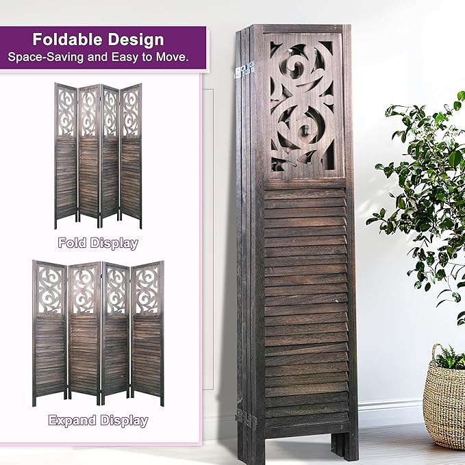 Room Divider, 5.6FT Folding Room Divider Panel, 4 Panel Craved Wood Partition Wall Divider for Room Separation, Rustic Brown-DeskLoop Office