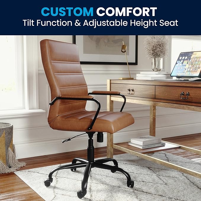 Flash Furniture Whitney High-Back Swivel LeatherSoft Desk Chair with Padded Seat and Armrests, Adjustable Height Padded LeatherSoft Office Chair, Brown/Black Gold-DeskLoop Office