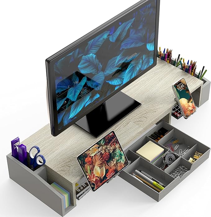 Simple Houseware Desk Dual Monitor Stand Riser with Drawer, Maple-DeskLoop Office