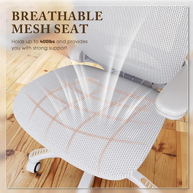 GABRYLLY Ergonomic Office Chair, High Back Home Desk Chair with Flip-Up Arms, Headrest, 90-120° Tilt and Wide Cushion, 400LBS White Mesh Chair for Work Gaming Study (GY01-NT, Woodgrain Pattern)-DeskLoop Office