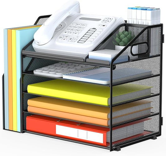 DocNest 5 Tier Paper Letter Tray File Organizer, Mesh Desk File with Handle, Workspace Desk Organizers with Pen Holder, Office Organization Storage Accessories - Black-DeskLoop Office