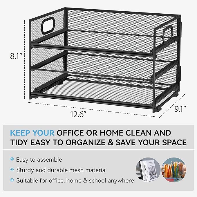 Subekyu 3 Tier Paper Letter Tray Organizer for Desk, Black Metal Mesh Desk File Folder Sorter Organizer with Handle and Sliding Tray for Home, Office, School Supplies Organization Storage-DeskLoop Office