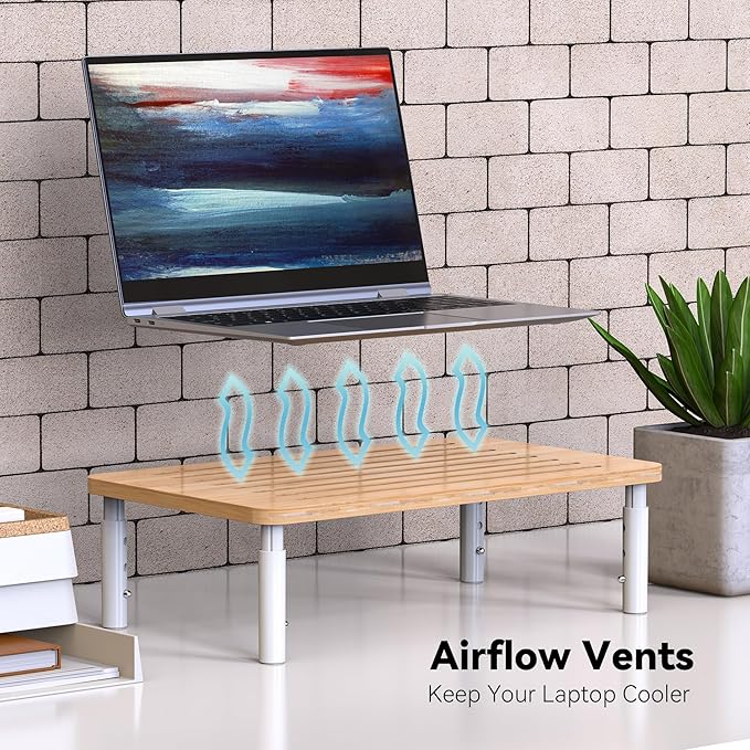 Bamboo Monitor Stand Riser, 4 Adjustable Height, Laptop Stand with Airflow Vents, Desk Organizer for Computer, PC, Printer (Natural)-DeskLoop Office