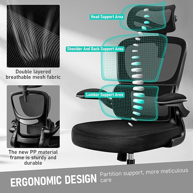 High Back Ergonomic Office Chair, Breathable Mesh Desk Chair with Lumbar Support, Adjustable Headrest, Flip-up Armrests, Computer Gaming Chair-DeskLoop Office