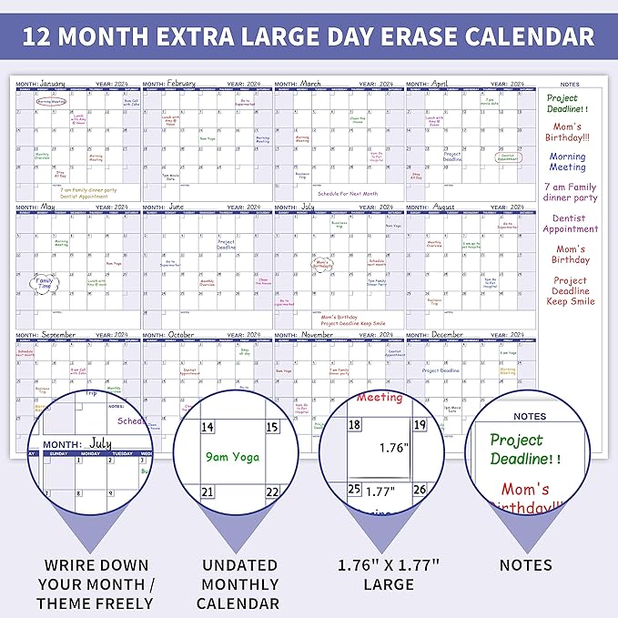 Large Dry Erase Calendar ā Yearly Wall Calendar Dry Erase, 57.9" x 37", 12-Month Undated Calendar, Reusable Laminated with 15 Stickers - Purple