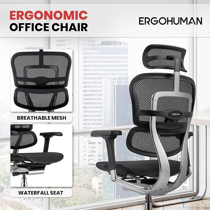 Ergohuman Eurotech ME7ERG GEN2 High Back Mesh Office, Computer, or Gaming Chair w/Tilt Tension Control & Lock, Back Angle/Height, Swivel Arms, Seat Height,/Depth, and Arm Height Adjustments, Black-DeskLoop Office