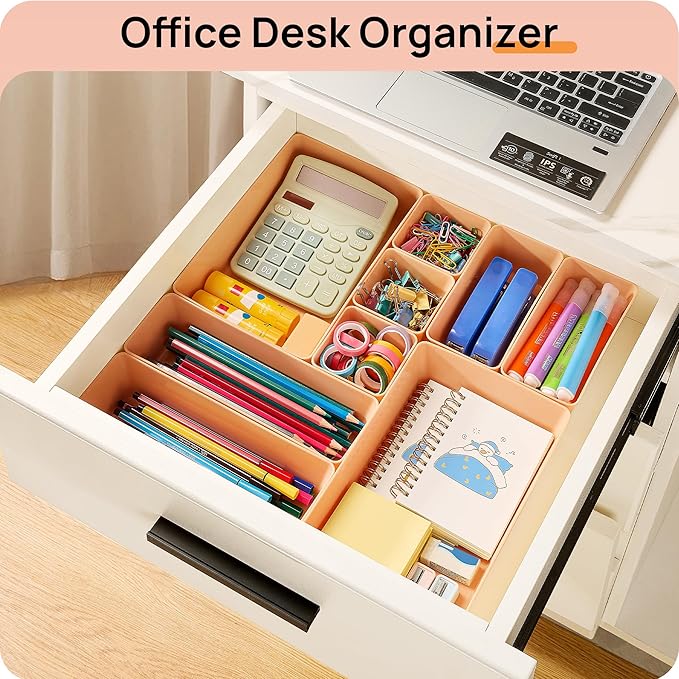 Vtopmart 25 PCS Plastic Drawer Organizers Set, 4-Size Versatile Bathroom and Vanity Drawer Organizer Trays, Storage Bins for Makeup, Bedroom, Kitchen Gadgets Utensils and Office-DeskLoop Office