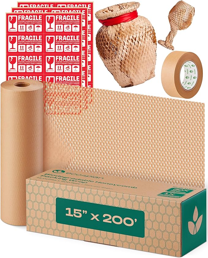 Honeycomb Packing Paper | Extra Thick 90 GSM Packing Wrap | Biodegradable Packing Materials: 15” x 200’ Moving Paper + 195’ Cellulose Adhesive Tape + 30 Fragile Stickers | Paper Bubble Wrap-DeskLoop Office