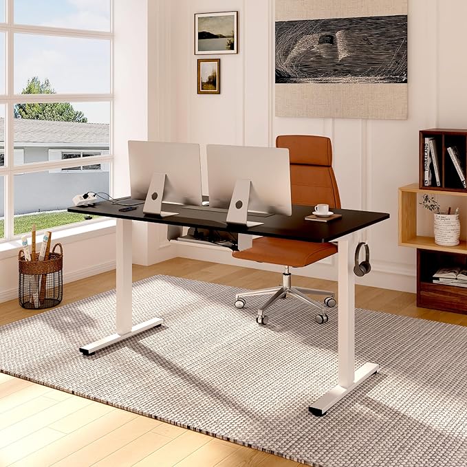 FLEXISPOT EN2 Whole-Piece Standing Desk with Clamp Power Strip, 48 x 30 Electric Stand Up Height Adjustable Desk with Cable Management (White Frame + 48" Black Top, 2 Packages)-DeskLoop Office