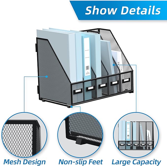 SUPEASY Desk Organizers Metal Desk Magazine File Holder with 5 Vertical Compartments Rack File Organizer for Office Desktop, Home Workspace, Black-DeskLoop Office
