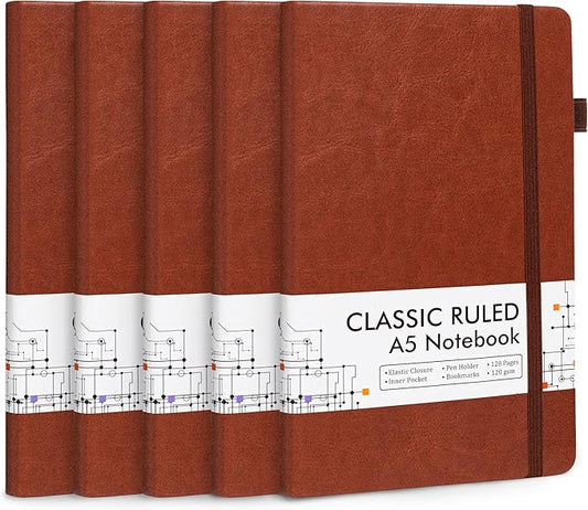 feela 5 Pack Journal Notebook Bulk for School, Hardcover Business Notebooks Classic Ruled Lined Journals with Pen Holder for Work Note Taking, with 5 Black Pens, 120 GSM, 5.1”x8.3”, A5, Brown-DeskLoop Office