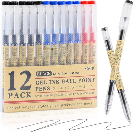 RIANCY Black Blue Red Gel Ink Pens, 0.35mm Extra Fine Point Smooth Writing Rollerball Pens, Japanese Style No Smudge Ballpoint Pen, Quick Drying for Journaling Office School Stationery Supplies 12Pcs-DeskLoop Office