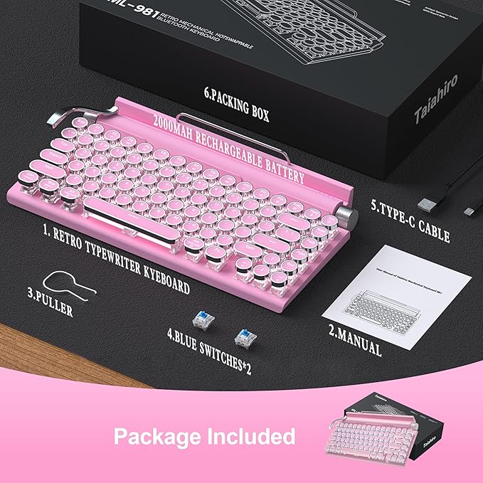 Retro Typewriter Wireless Mechanical Gaming Keyboard, Bluetooth 5.0 Office Computer Vintage Keyboards 83-Key Blue Switches Punk Round Keycap, LED Backlight, Compatible with PC/Laptop/Pad/Phone, Pink-DeskLoop Office