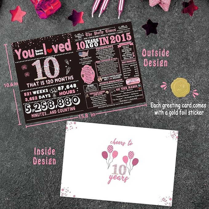 10 Year Old Girl Birthday Gifts, 10th Birthday Decorations for Girls, Daughter Birthday Card, 10th Birthday Card Gift for Girls, Big Size, Rose Pink Gold