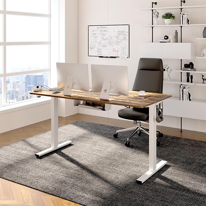FLEXISPOT EN2 Whole-Piece Standing Desk with Clamp Power Strip, 48 x 30 Electric Stand Up Height Adjustable Desk with Cable Management (White Frame + 48" Rustic Brown Desktop, 2 Packages)-DeskLoop Office
