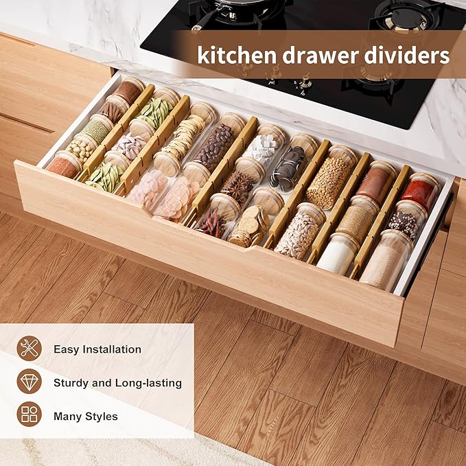 Bamboo Drawer Dividers with Inserts kitchen drawer organizer Adjustable Expandable 8 Pack Organizer Set for Kitchen Bedroom Bathroom Office 8 Dividers with 16 Inserts (Natural, Large (18-22.5IN))-DeskLoop Office