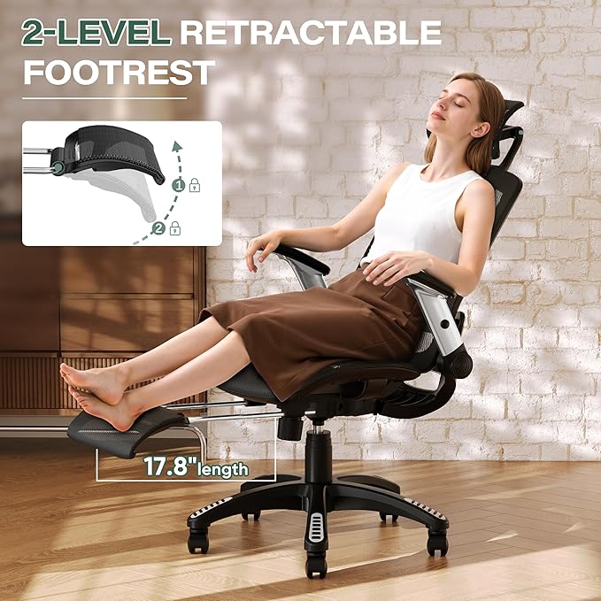 GABRYLLY Ergonomic Office Chair with Footrest, High Back Home Desk Chair - 3D Headrest, Flip-Up Arms, 135° Tilt and Wide Cushion, Heavy Duty Mesh Chairs for Task Computer Gaming,GYB01-FT-DeskLoop Office
