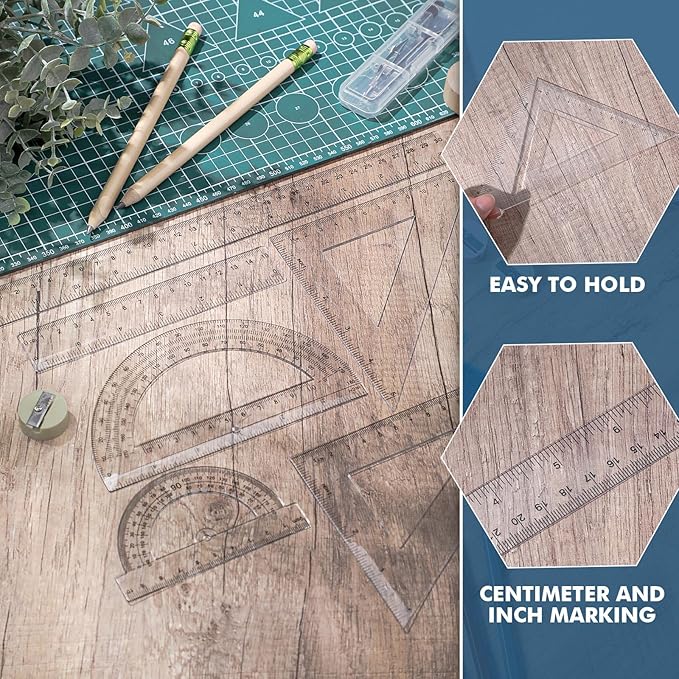 Tenare 6 Pcs Plastic Ruler Math Set Includes 12 Inch 6 Inch Straight Protractor Triangle Geometry Transparent Math Ruler Measuring Tools for School Office Home(Clear)-DeskLoop Office