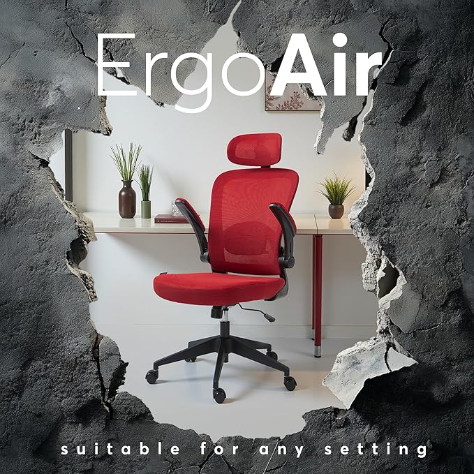 Oline ErgoAir Ergonomic Office Chair – Adjustable Lumbar Support, Flip-Up Armrests, Mesh Computer Desk Chair, Swivel Rolling Executive Gaming Chair for Home & Office (Red)-DeskLoop Office