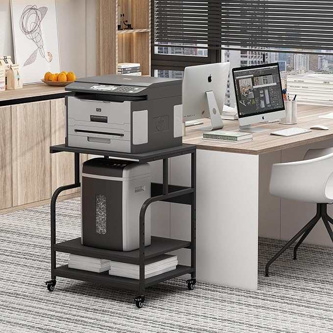 Printer Stand, 23.6 x18.9 x 30 Inches Large Printer Table with Adjustable Storage Shelf, 3 Tier Rolling Printer Cart with Wheels for Home Office, Stand for Heat Press Mini Fridge, Black-DeskLoop Office