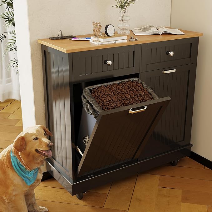 20 Gallon Tilt Out Trash Cabinet, Wooden Kitchen Trash Can Cabinet with Hideaway Drawer, Freestanding Laundry Hamper Garbage Recycling Cabinet on Wheels, Pet Proof, Double, Black-DeskLoop Office