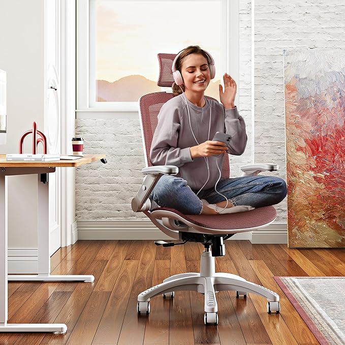 GABRYLLY Ergonomic Office Chair, High Back Home Desk Chair with Headrest, Flip-Up Arms, 90-120° Tilt Lock and Wide Cushion, 400LBS Mesh Chairs for Man Woman, White Task Chair(Red,GY01WR)-DeskLoop Office