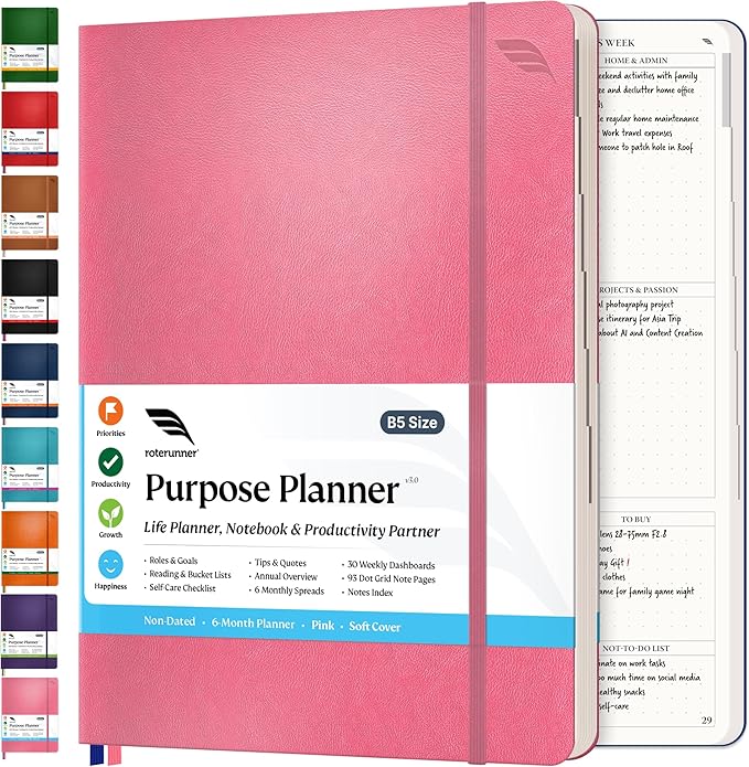 Roterunner 2025 B5 Pink Softcover Purpose Planner Notebook 7.5'x9.8' Undated Planner Daily Weekly Monthly Productivity Goal Setting Tool for Work Home ADHD Adults Self Care Journal-DeskLoop Office