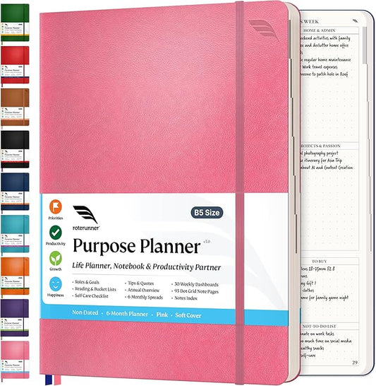 Roterunner 2025 B5 Pink Softcover Purpose Planner Notebook 7.5'x9.8' Undated Planner Daily Weekly Monthly Productivity Goal Setting Tool for Work Home ADHD Adults Self Care Journal-DeskLoop Office