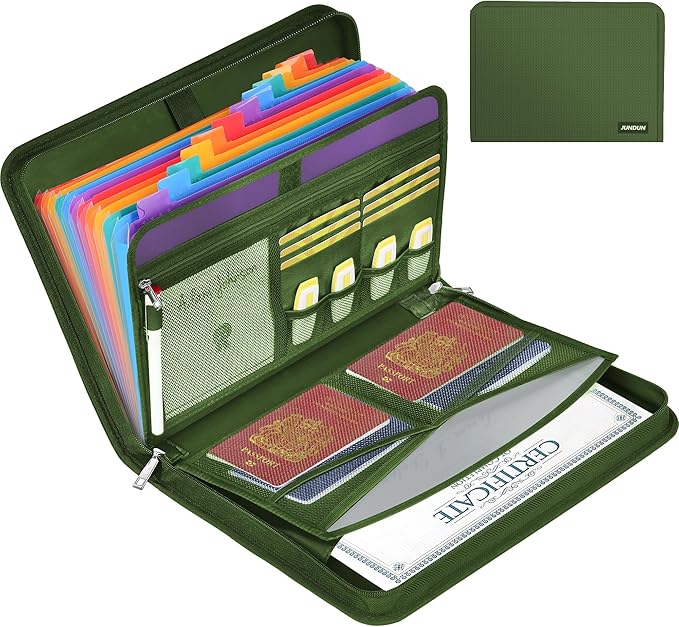 JUNDUN Accordion File Organizer - 12 Pocket Expanding File Folder with Zipper & Labels - Fireproof File Folder Organizer with Multi-Pockets,Document Organizer for Letter A4 Files and More (Green)-DeskLoop Office
