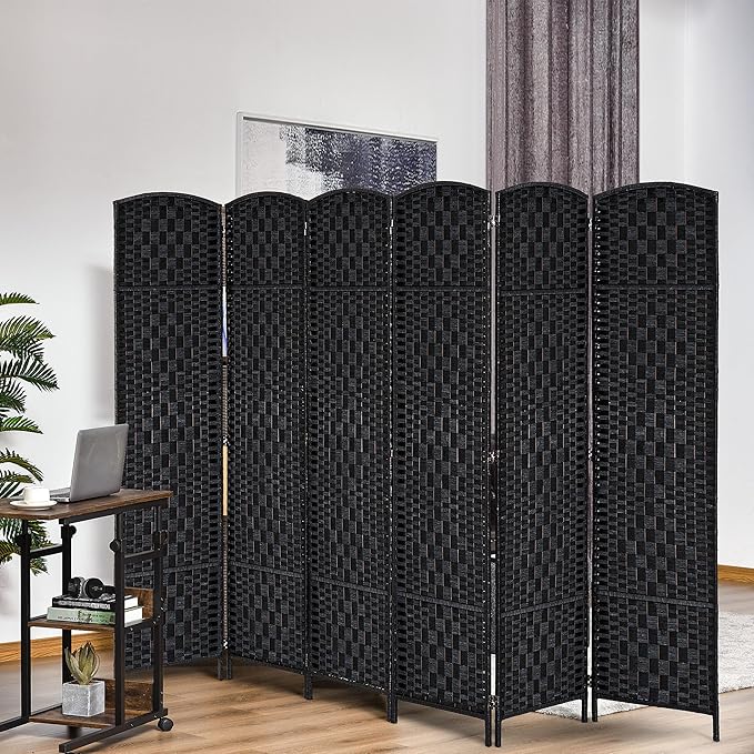 HOMCOM Room Divider, 6 Panel Folding Privacy Screen, 6FT Tall Portable Wicker Weave Partition Wall Divider for Bedroom, Home Office, Black-DeskLoop Office
