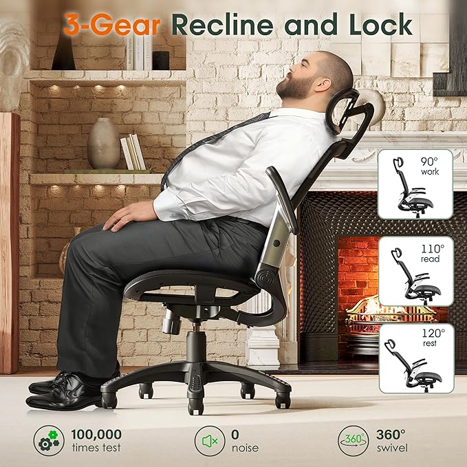 GABRYLLY Ergonomic Office Chair, High Back Home Desk Chair with Headrest, Flip-Up Arms, 90-120° Tilt Lock and Wide Cushion, Big and Tall Mesh Chairs for Man Woman, Black Task Chair-DeskLoop Office