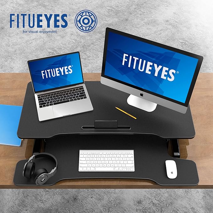 FITUEYES Height Adjustable Standing Desk 36” Wide Sit to Stand Converter Stand Up Desk Tabletop Workstation for Dual Monitor Riser FSD309101WB-DeskLoop Office