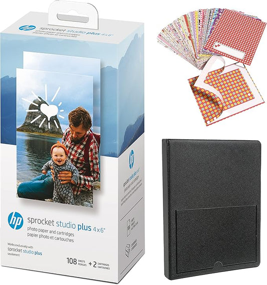 HP Sprocket Studio Plus 4 x 6” Photo Paper and Cartridges Starter Bundle: Includes 108 Sheets and 2 Cartridges, Sticker Frames, Photo Album-DeskLoop Office