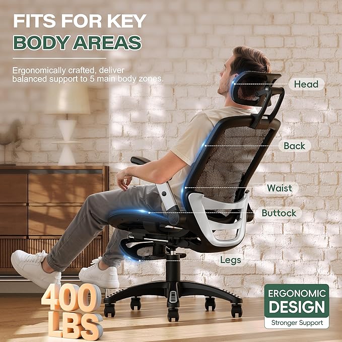 GABRYLLY Ergonomic Office Chair with Footrest, High Back Home Desk Chair - 3D Headrest, Flip-Up Arms, 135° Tilt and Wide Cushion, Heavy Duty Mesh Chairs for Task Computer Gaming,GYB01-FT-DeskLoop Office