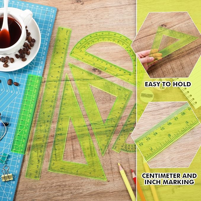 Tenare 6 Pcs Plastic Ruler Math Set Includes 12 Inch 6 Inch Straight Protractor Triangle Geometry Transparent Math Ruler Measuring Tools for School Office Home(Yellow)-DeskLoop Office